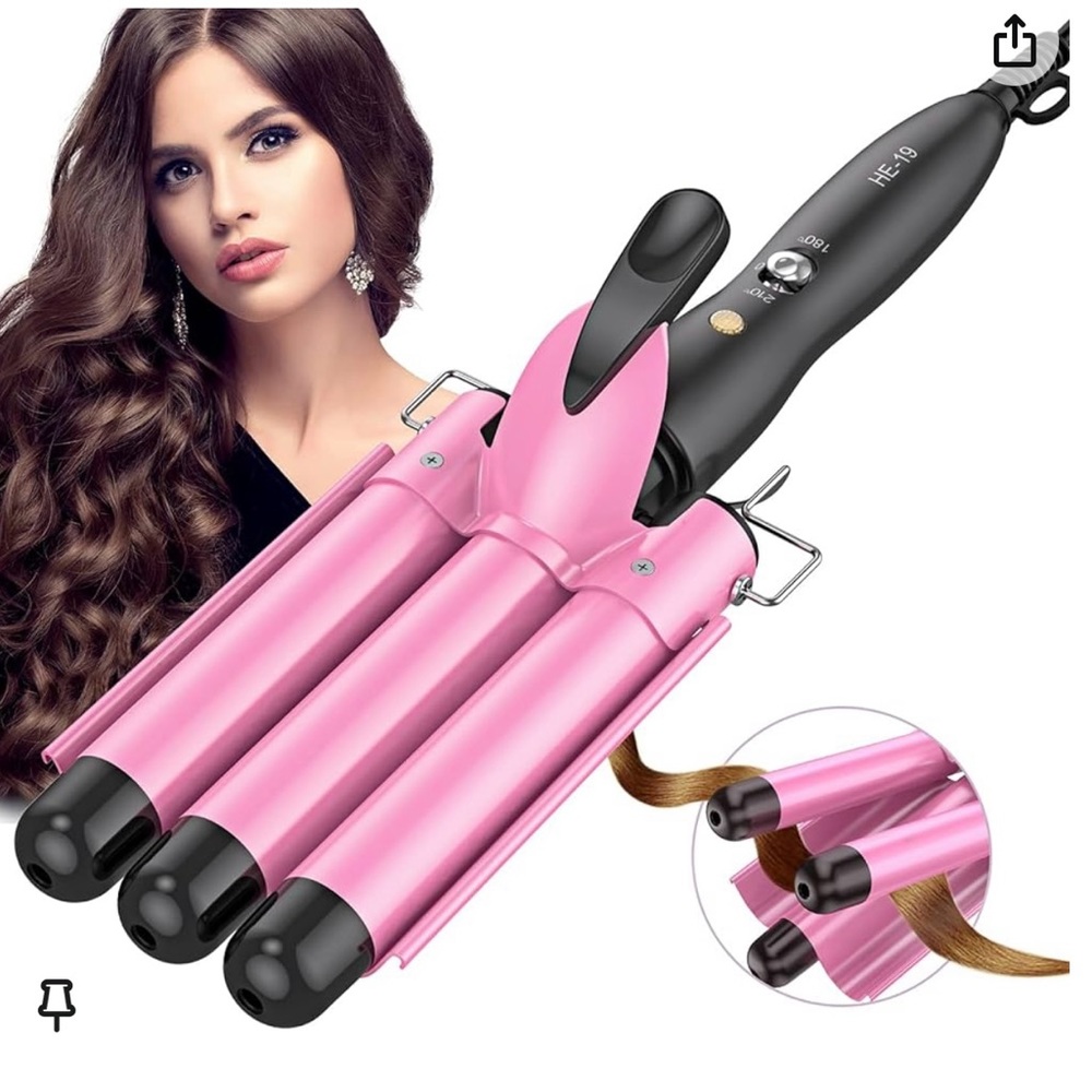 Pink 3 Barrel Curling Iron Wand Waver Ceramic Tourmaline Crimper 25mm 1 inch